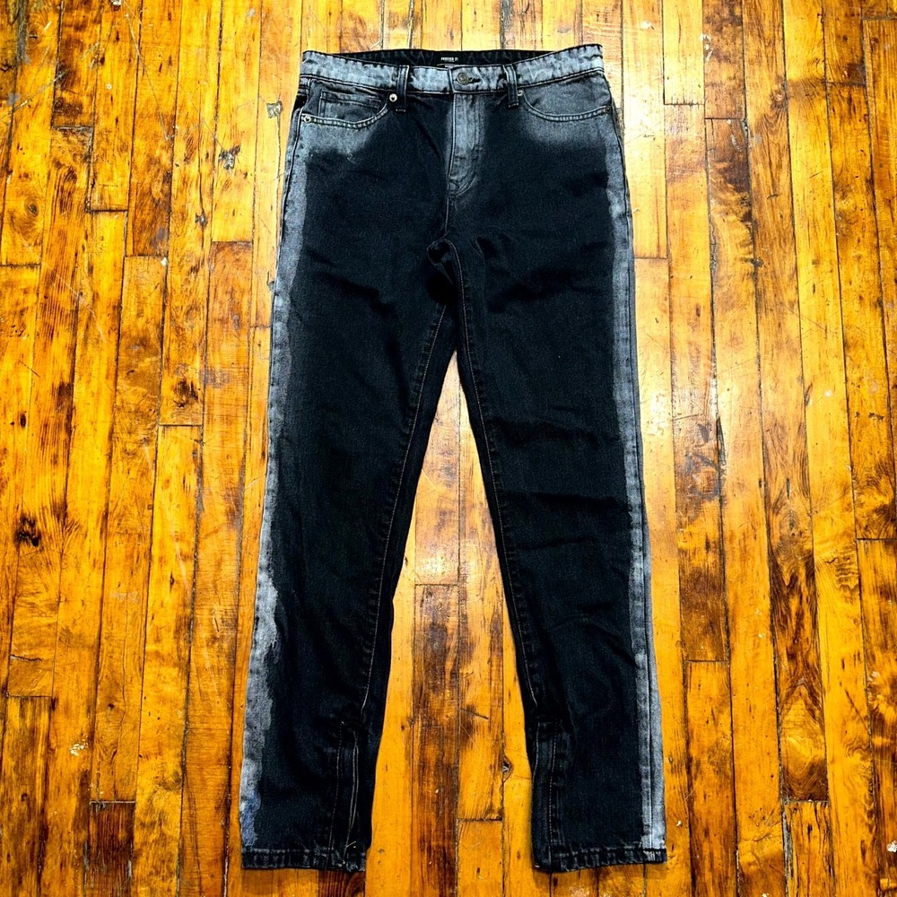 Forever 21 Jeans Men's 32 Black Grey Stripe Denim Skinny Leg Dark Wash Ankle Zip